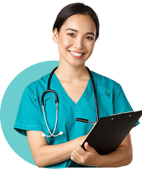 Smiling young woman doctor pointing fingers left showing client
